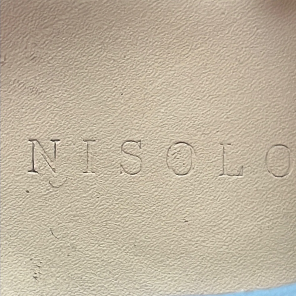 Nisolo Gray Leather Sandals with Chic Elevation on wooden platform. - Picture 2 of 11
